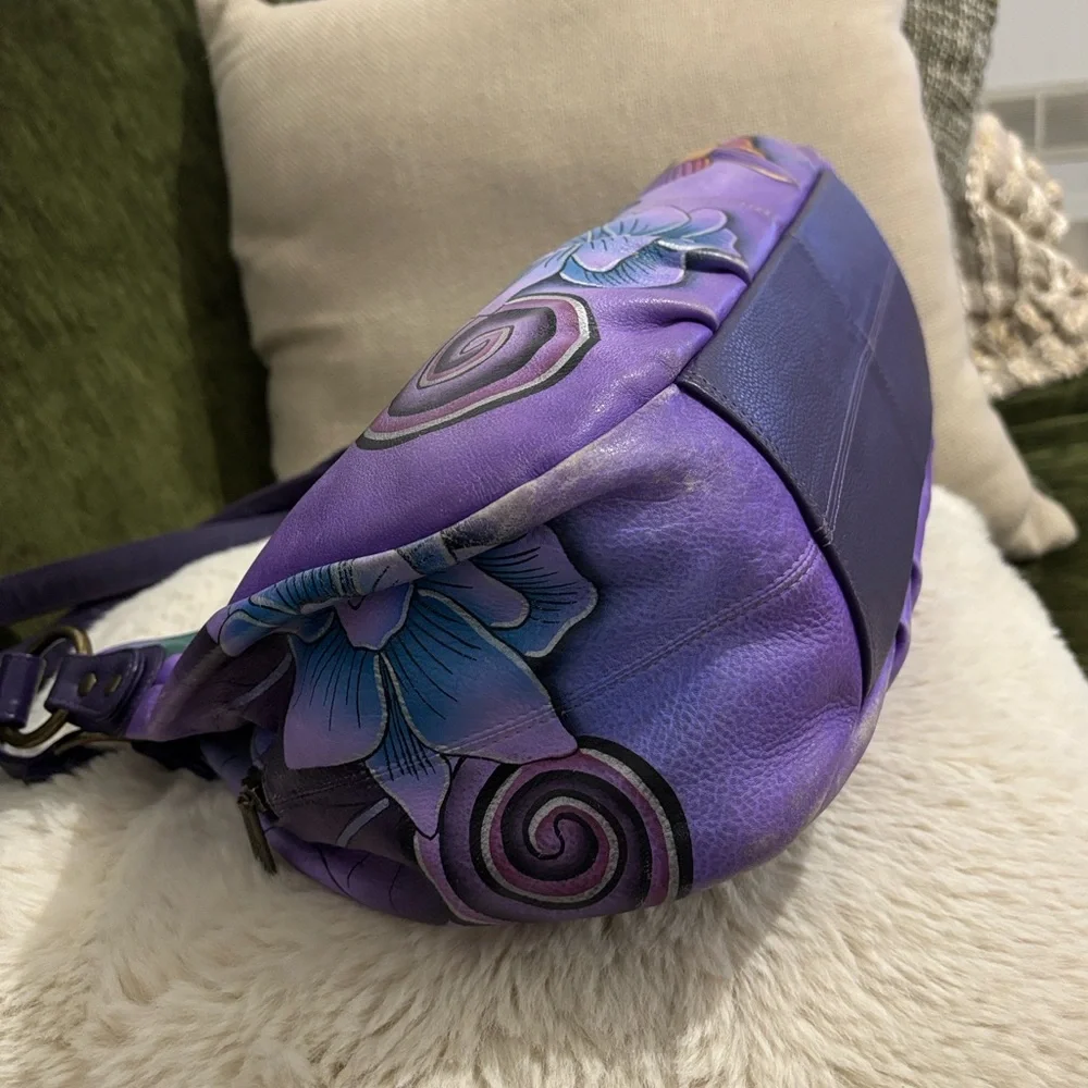 ANUSCHIKA India Purple Leather Floral‎ Triple Compartment Large Satchel Bag